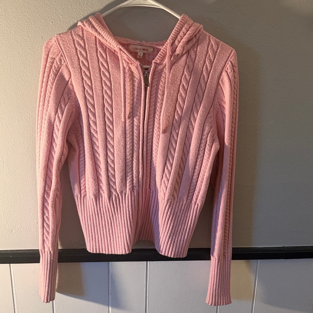 Pink Cable Knit Hooded Sweater